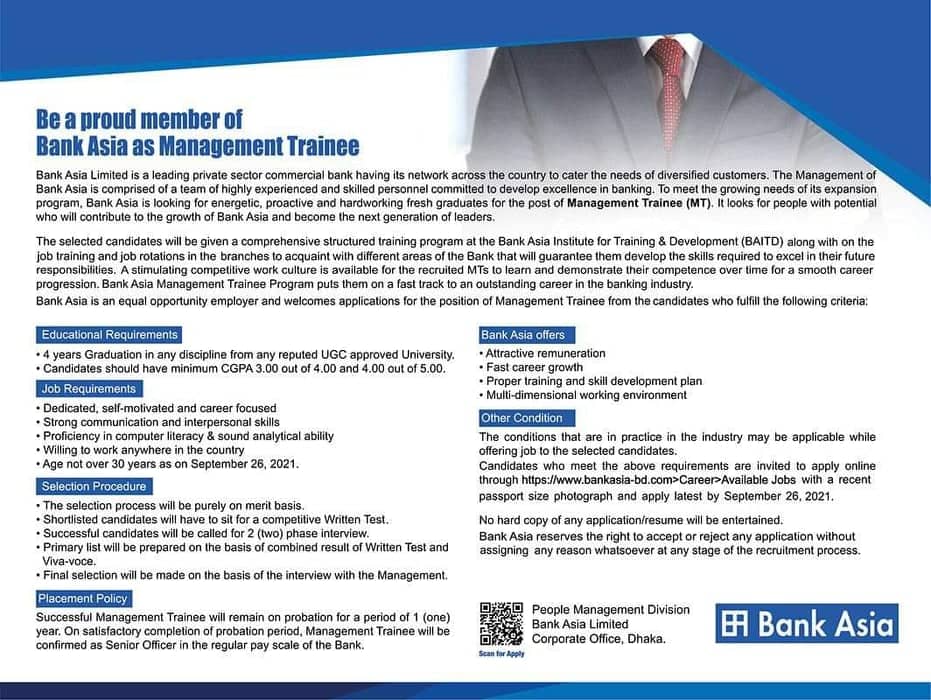 Bank Asia Management Trainee Circular